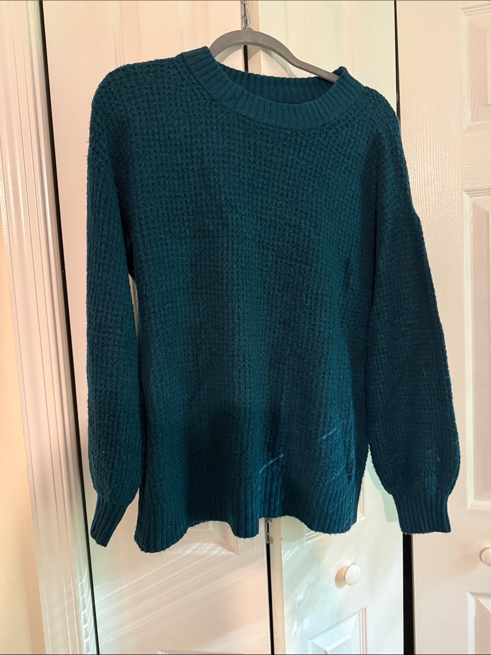 American Eagle Outfitters Teal Waffle-Knit Crewneck Sweater